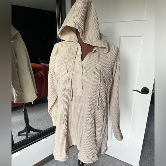 Free People Waffle Knit Hoodie Womens Xs Beige Pullover Oversized - Picture 2 of 6